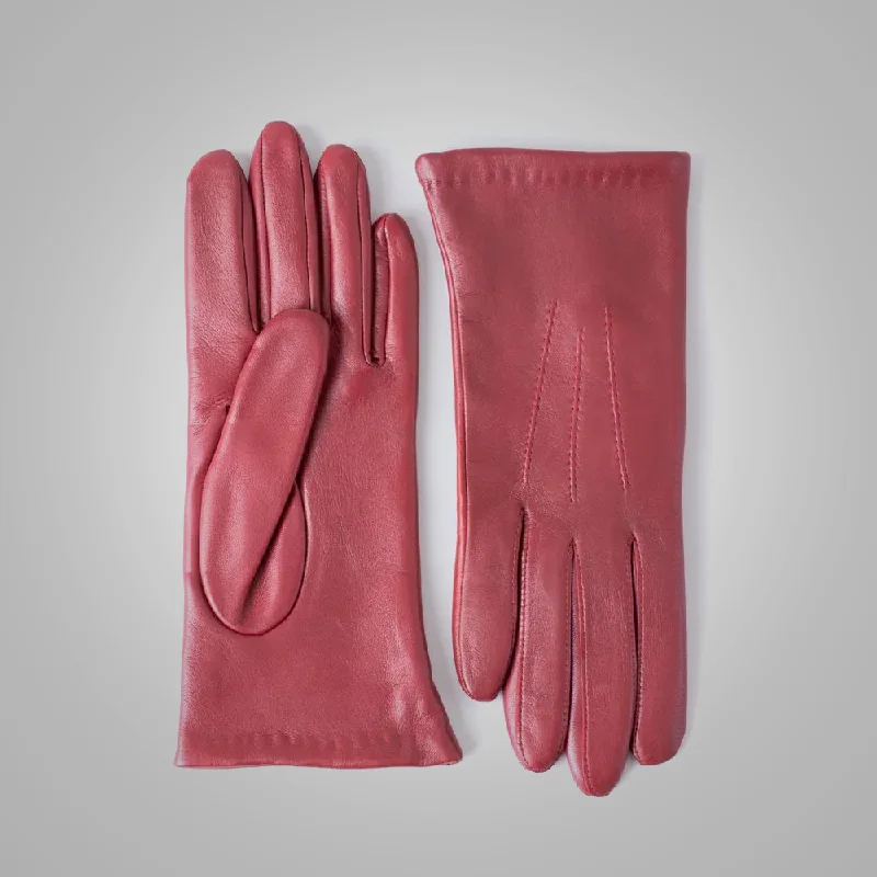 New Women American Lambskin Red Leather Gloves