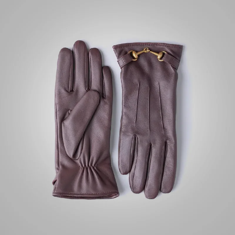 New Women Lambskin Leather Brown Gloves With Fleece Lining