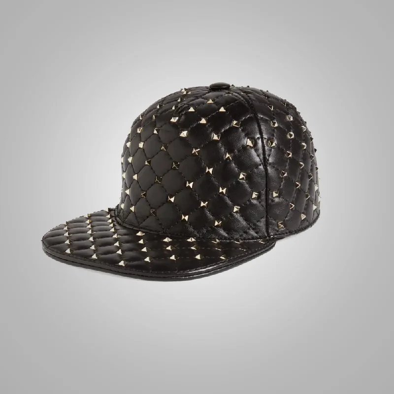 New Women Lambskin Style Rockstud Spike Leather Baseball Cap