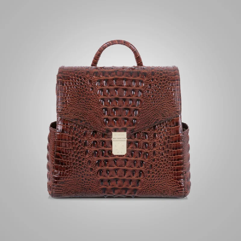 New Womens Brown Liz Croc Embossed Leather Convertible Backpack