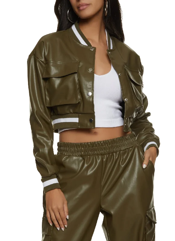 Faux Leather Pocket Detail Bomber Jacket