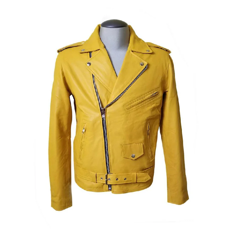 Olson's yellow biker style leather jacket with waist belt