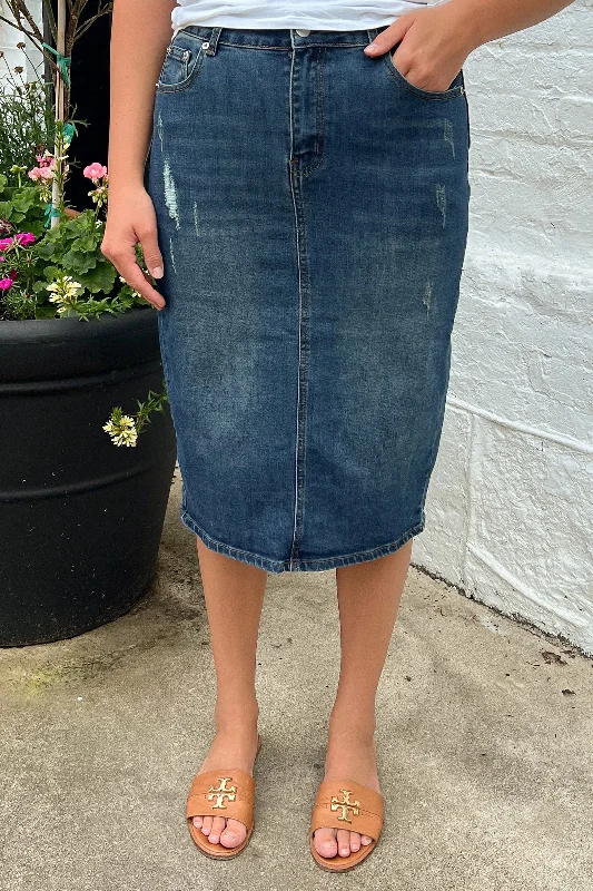 FLASH SALE * Piper Distressed Denim Skirt in Dk. Indigo