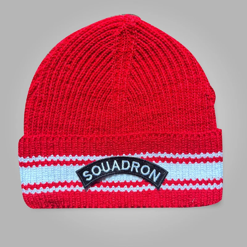 Red squadron beanie cap with white stripes