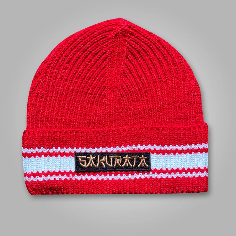 Red warrior beanie cap with white stripes