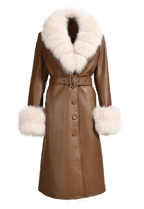 REEVA Brown Leather Trench Coat with Beige Fur