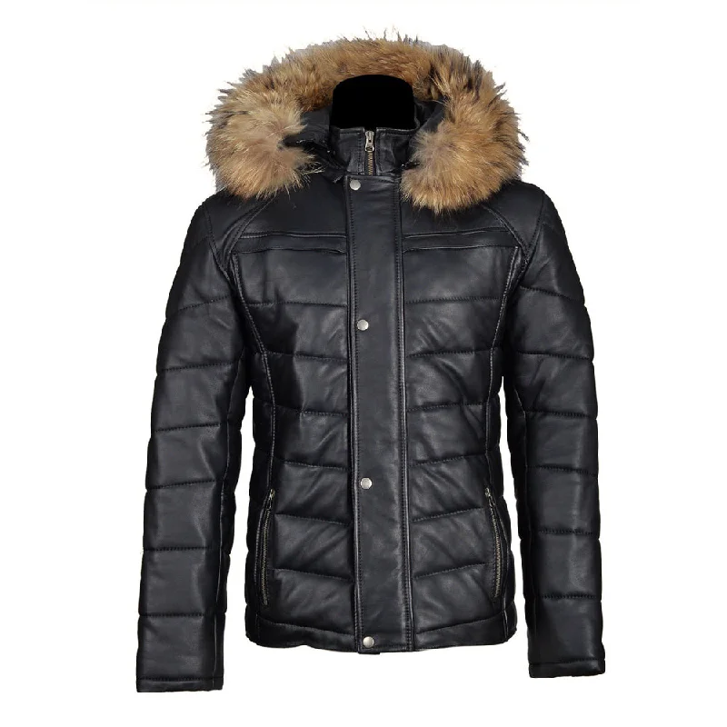 Rossi's polyfill winter leather jacket with fur on hoodie