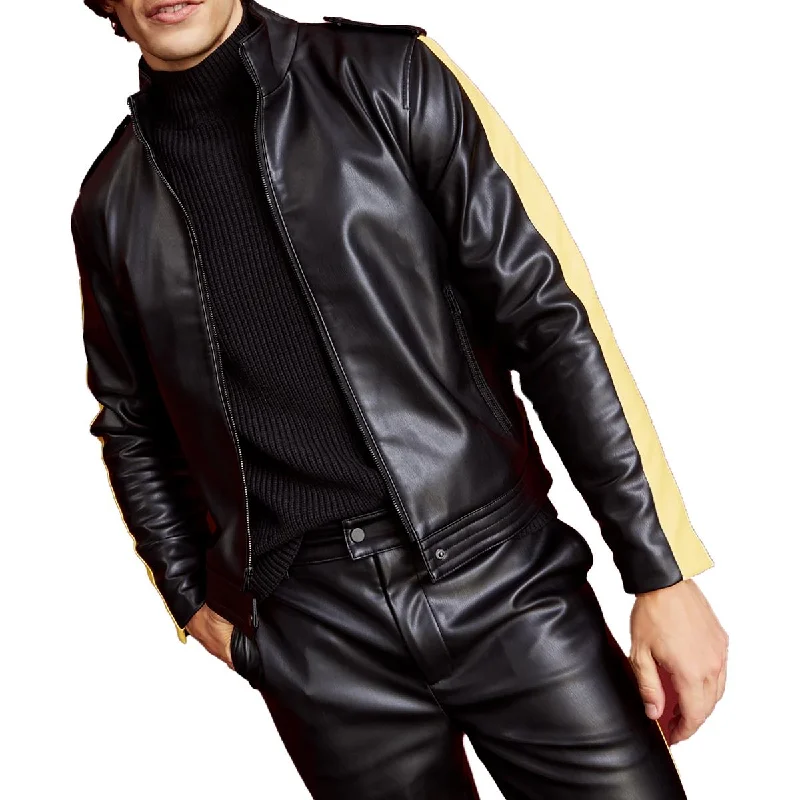 Royalty By Maluma Mens Faux Leather Striped Motorcycle Jacket