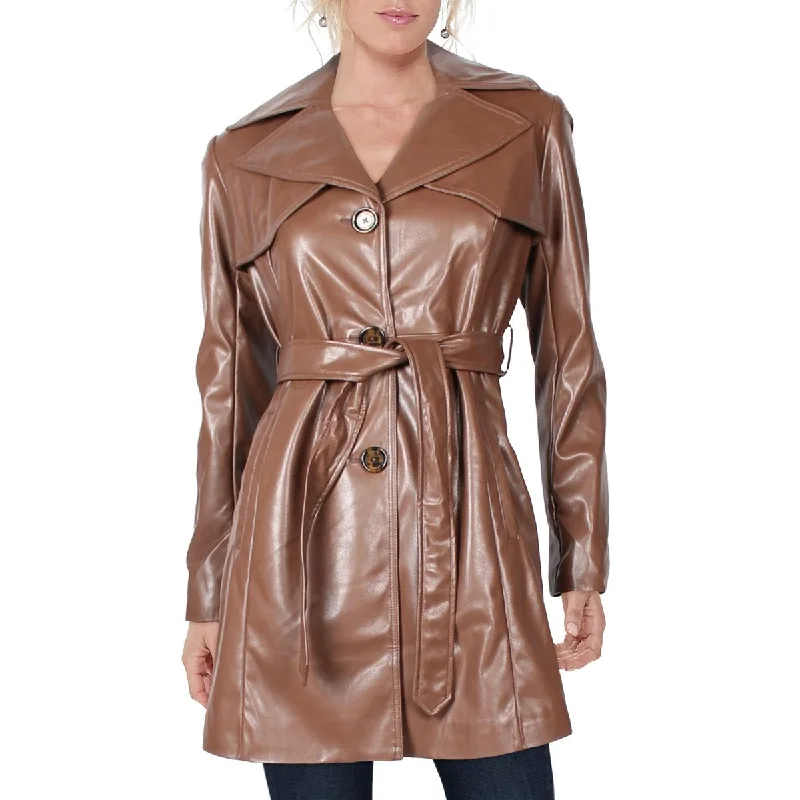 women's-coats-for-travel-Sam Edelman Women's Faux Leather Mid-Length Jacket with Notch Lapel