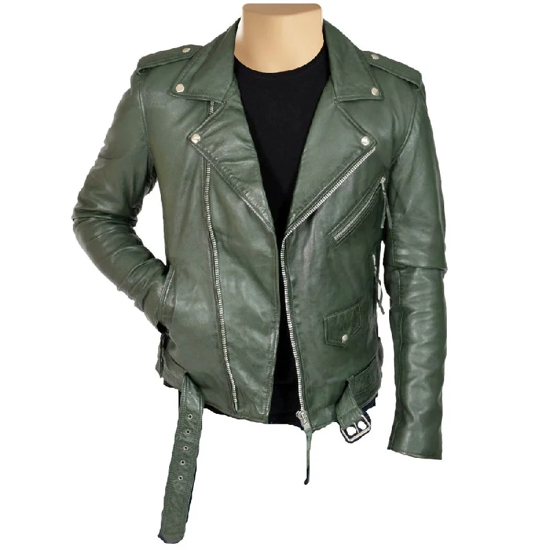 Sergeant Olive green biker style leather jacket with belt