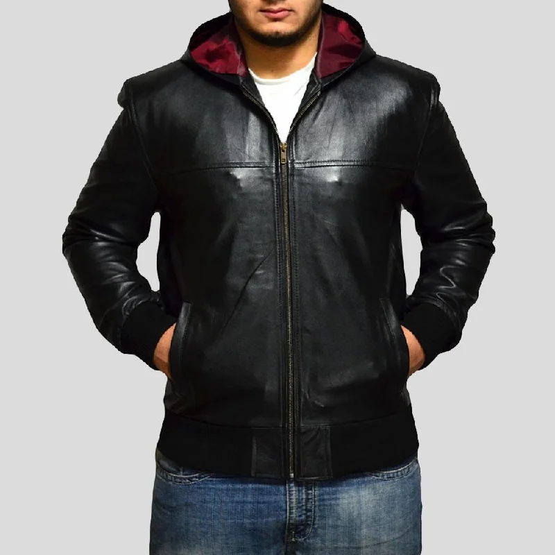 Shane Black Bomber Leather Jacket Hooded