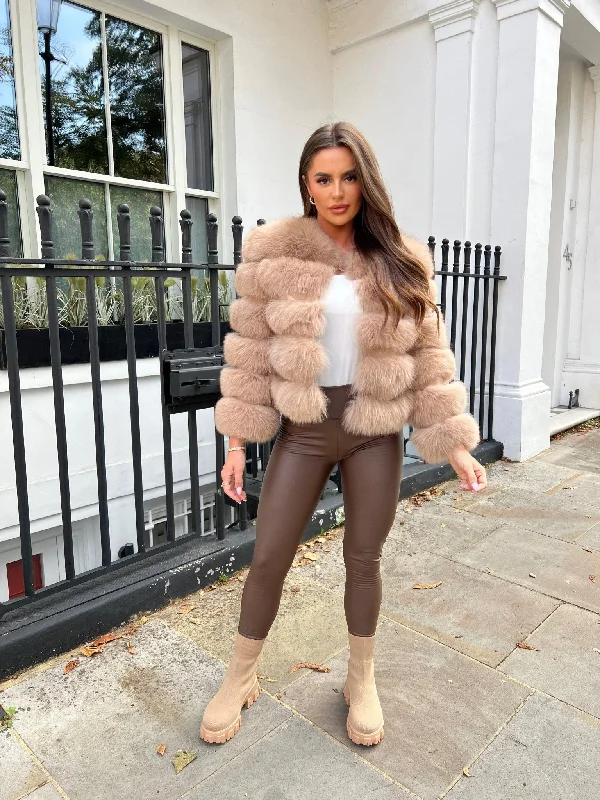 Tan Luxury Fur 5 Row Cropped Sleeve Jacket