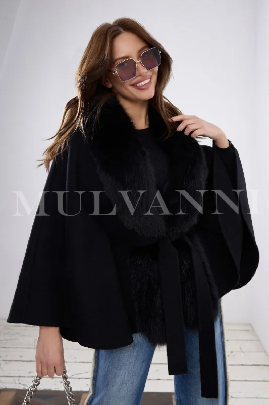 TEODORA Black Cashmere Cape with Fur