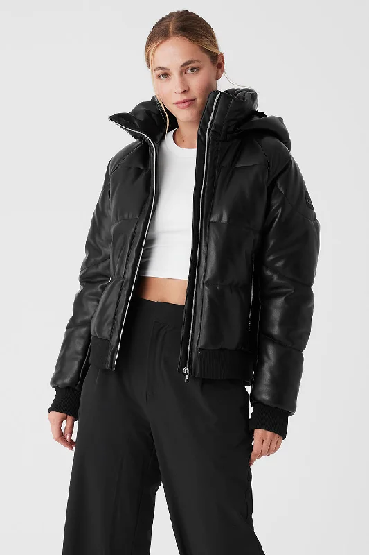 waterproof-women's-coats-Faux Leather Boss Puffer - Black