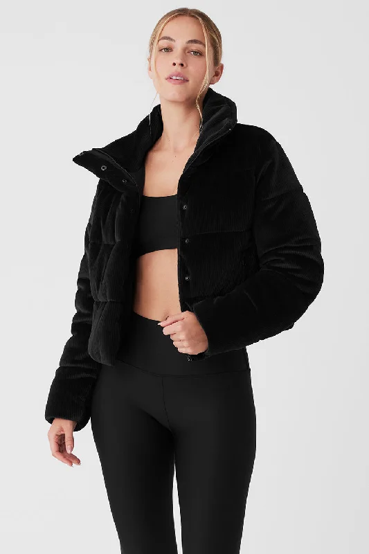 cozy-women's-coats-Ribbed Velour Gold Rush Puffer - Black