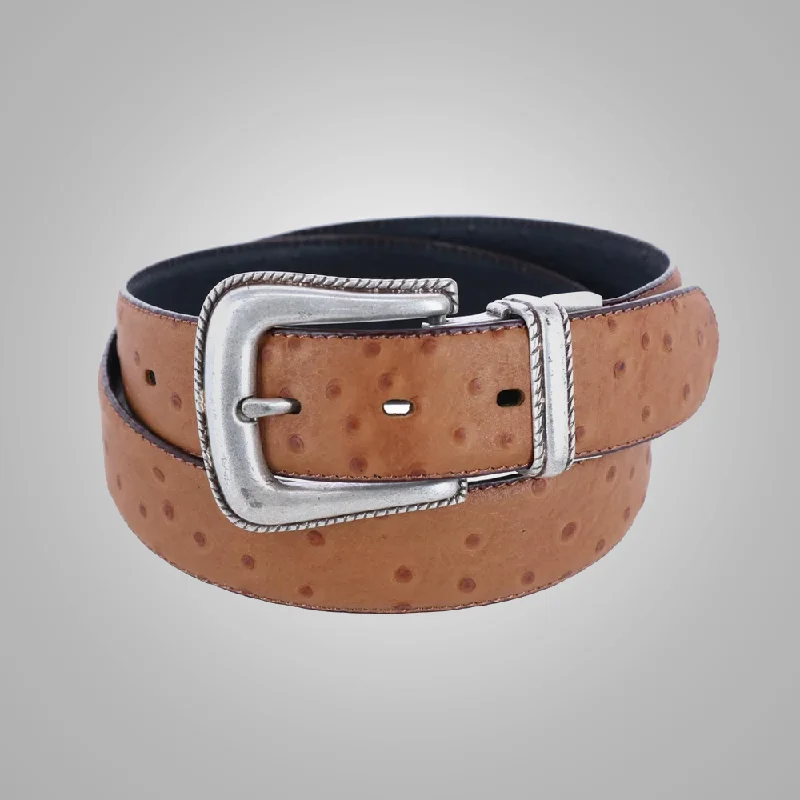 Women Brown&Black Reversible Ostrich Genuine Leather Print Belt