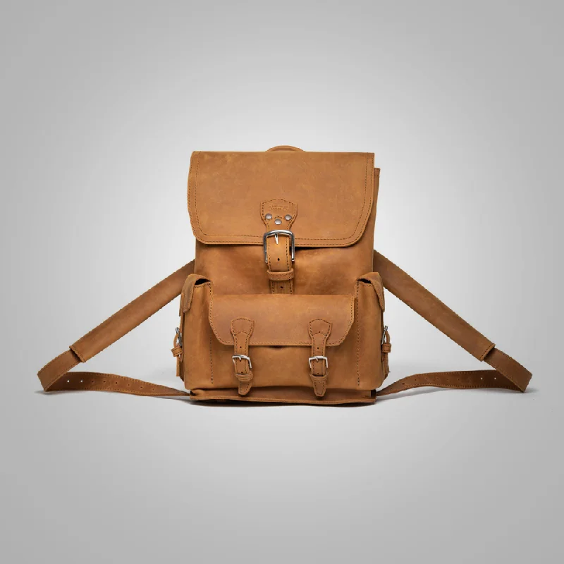 Women Brown LambskinThin Front Pocket Leather Backpack