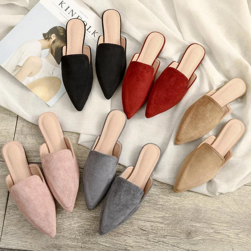 Womens Flats Shoes Mules Slipper Flock Pointed Slides