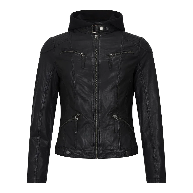 Women's Leather Jacket Hooded Biker Motorcycle Coat