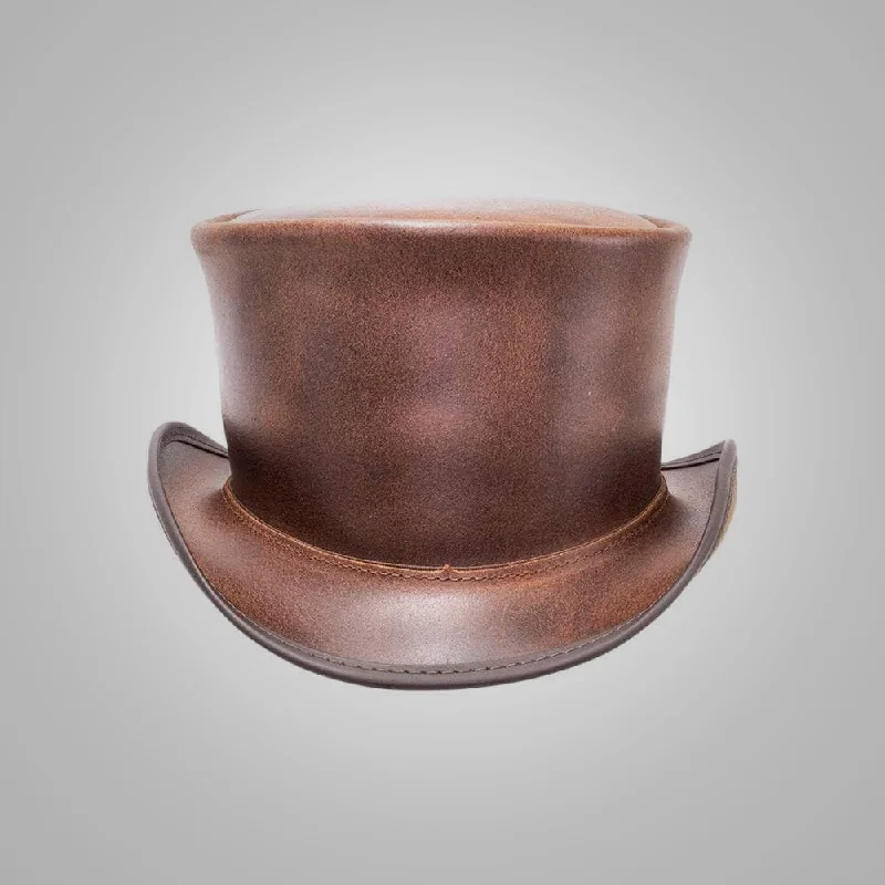 Womens New Sheepskin Brown Leather Top Hat Unbanded