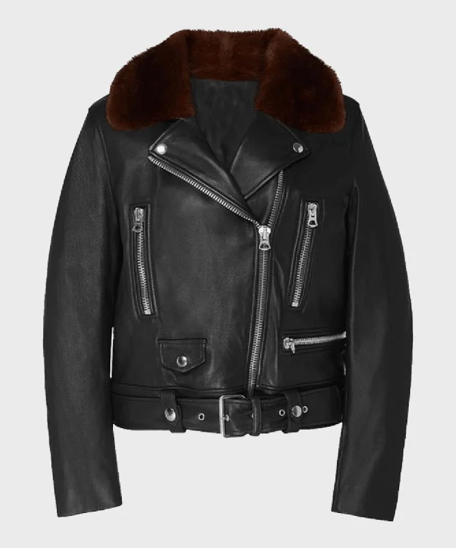 Womens Shearling Black Motorcycle Leather Jacket