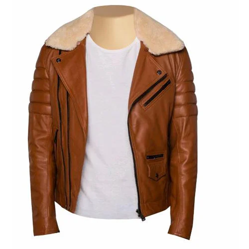 Woodwards English Tan Biker Jacket with Fur collar