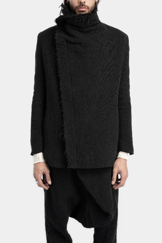 Asymmetric zip up high neck wool blend jacket