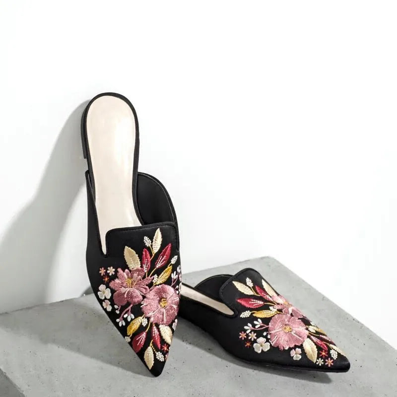 Floral Shoes Ladies Pointed Toe Slippers Silk Mules Woman Low Heels