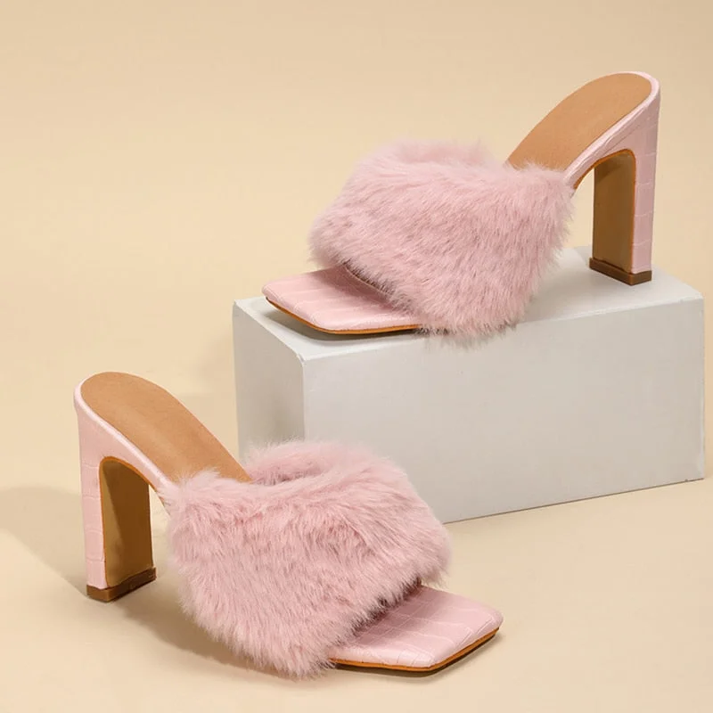 Advbridge Liyke New Square High Heels Mules Slippers Fashion Pink Fur Feather Summer Sandals Peep Toe Slip-On Shoes Women Slide Pumps