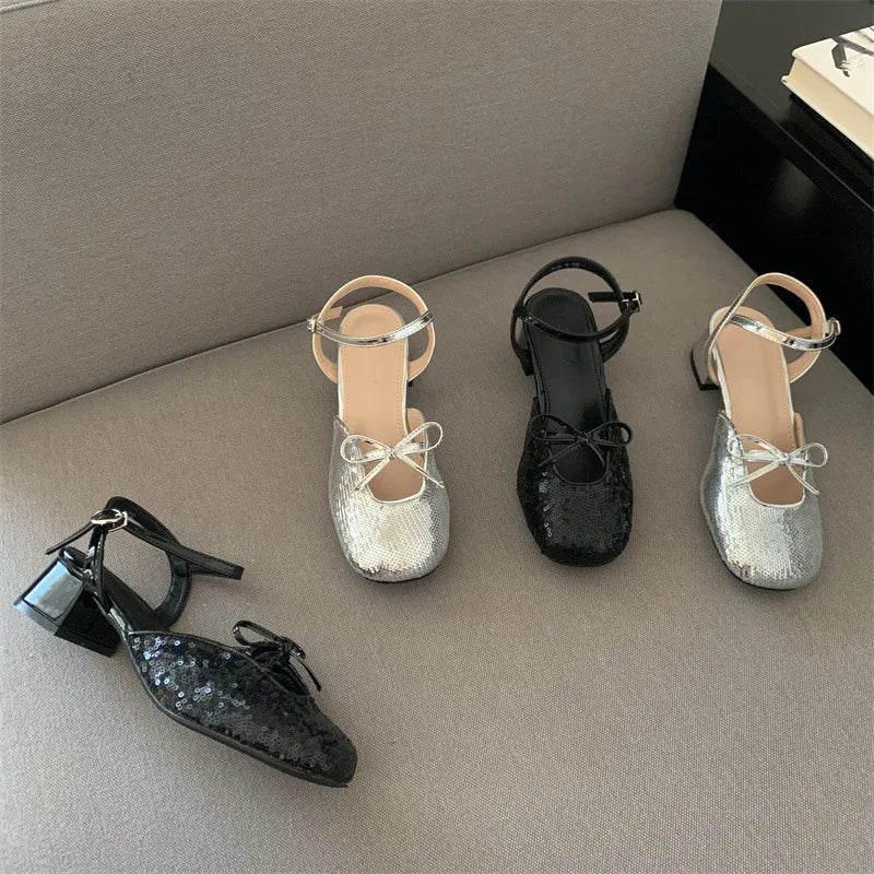 Advbridge  -  Summer New Sequin Mules Mary Jane Women Sandal Fashion Square Toe Shoes Thick Heels Dress Female Pumps Sandalias Mujer