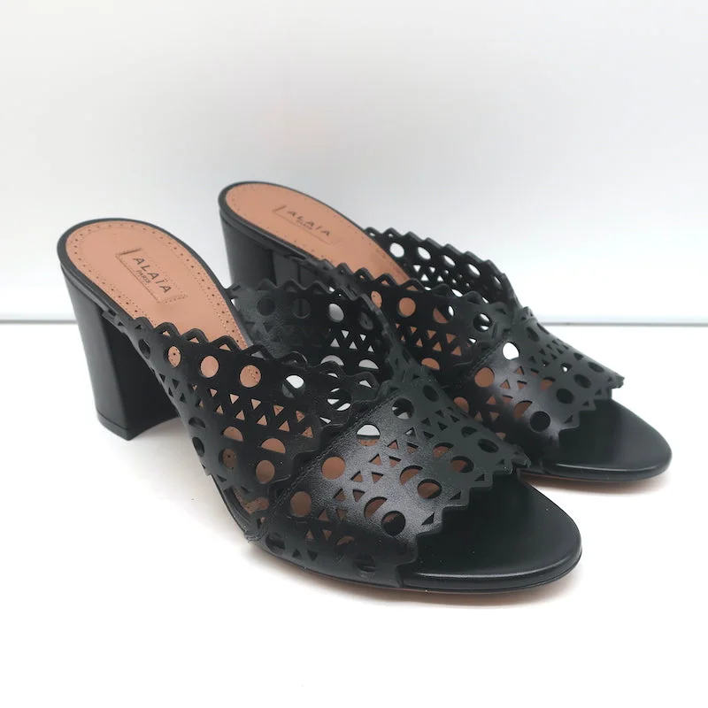 Alaia Laser Cut Leather Mules Black Size 39 Open Toe Heels