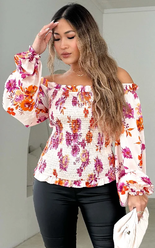 women's top perfect for every occasion -Alicia Top - Beige Purple Orange Floral