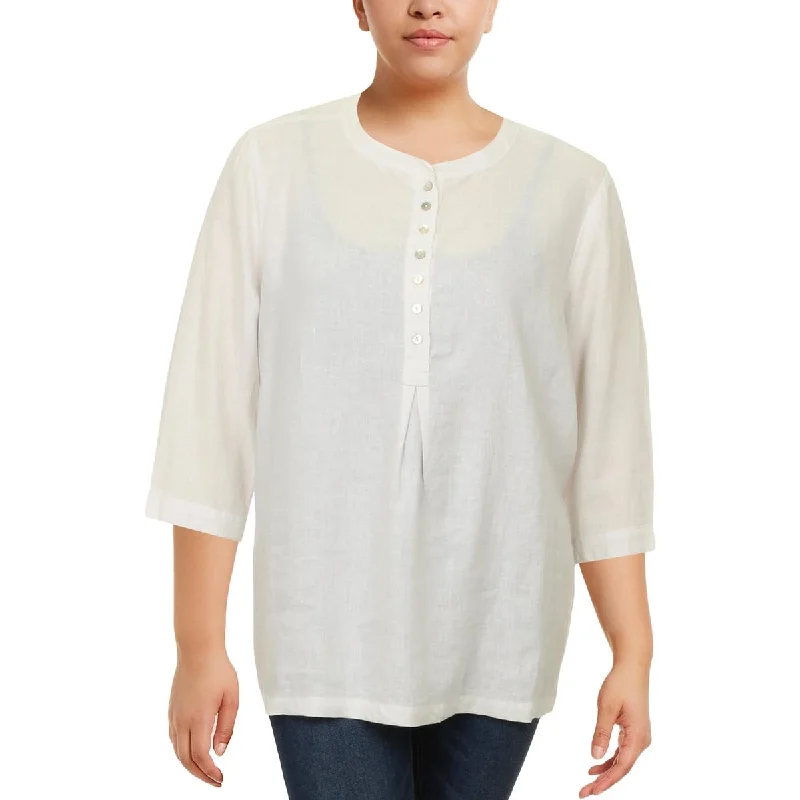 Allen Allen Womens Plus Linen Henley Pullover Top