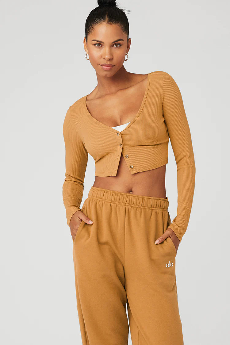 Alo Yoga Women's Whisper Ribbed Cropped Cardigan Sweater - Toffee Brown