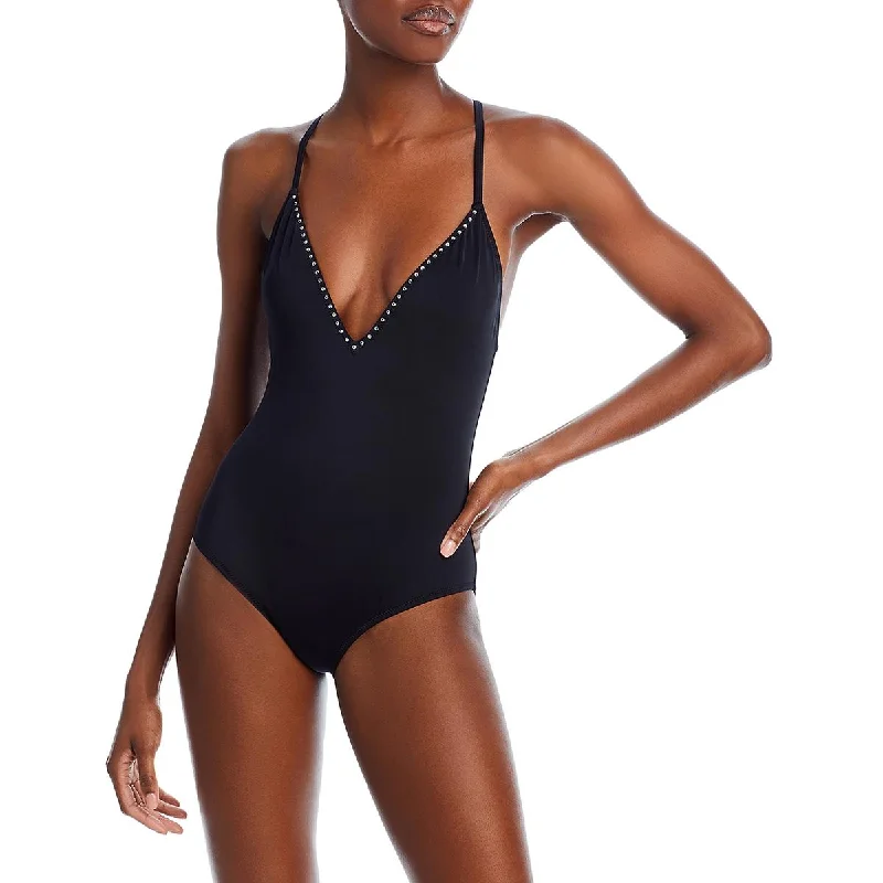 Aqua Womens Embellished Criss-Cross Back One-Piece Swimsuit