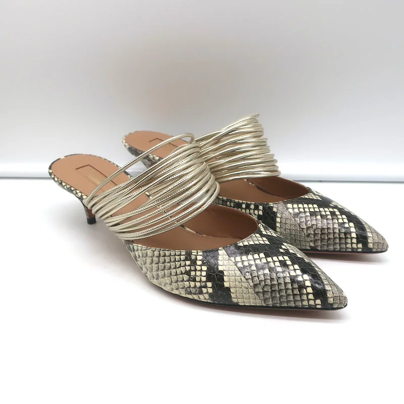 Aquazzura Rendez Vous Kitten Heel Mules Snakeskin & Metallic Leather Size 38.5