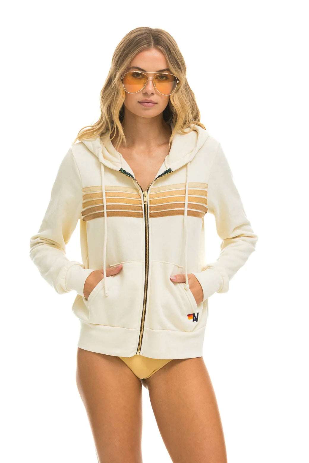 Aviator Nation Women's 5 Stripe Hoodie - Vintage White Tan