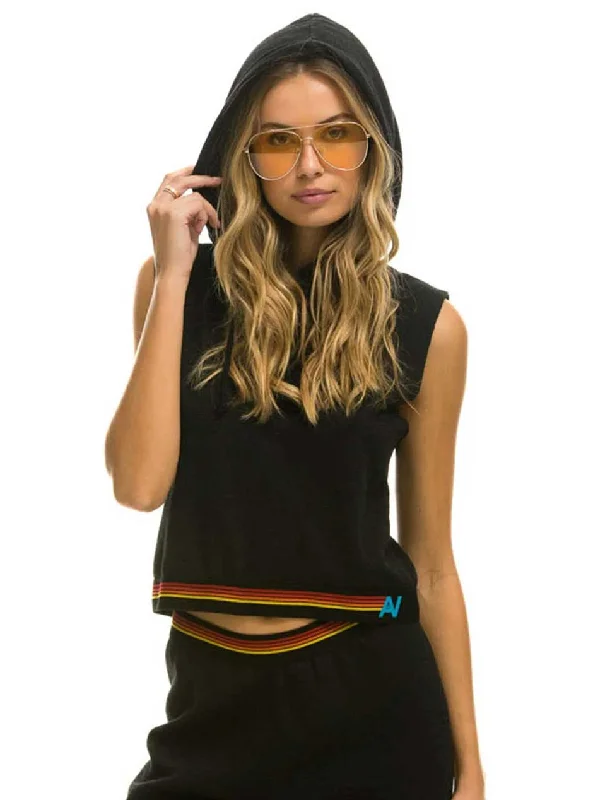 Aviator Nation Women's Logo Stripe Sleeveless Crop Pullover Hoodie - Black