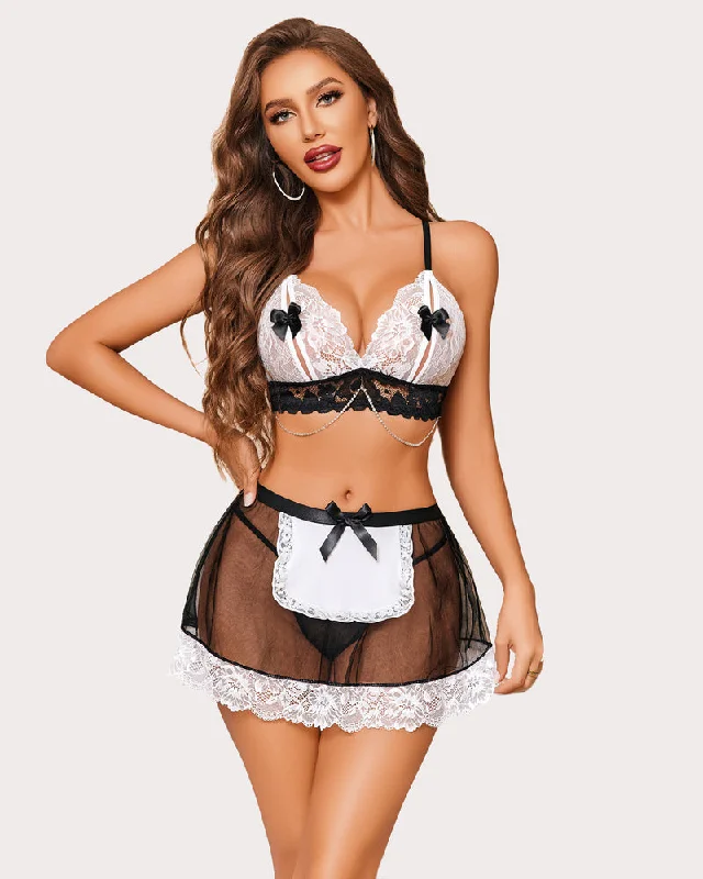 Maid Costume Floral Lace Lingerie With Chain