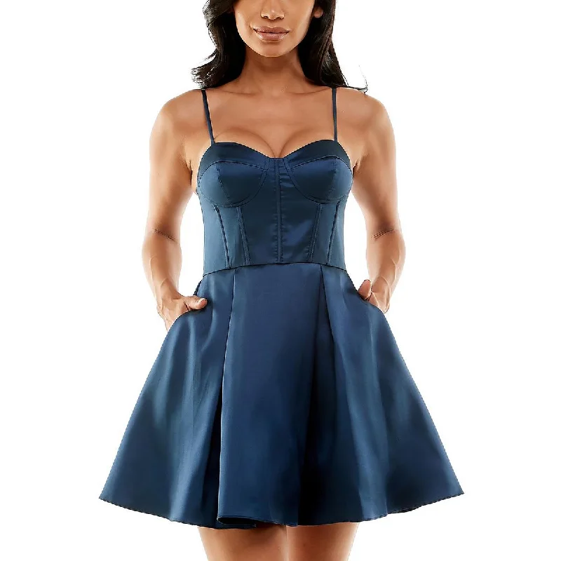 B. Darlin Womens Juniors Satin Corset Seamed Fit & Flare Dress