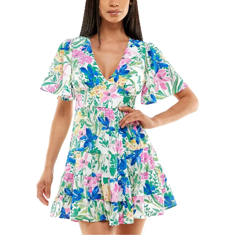 B. Darlin Womens Juniors Floral Print Polyester Fit & Flare Dress