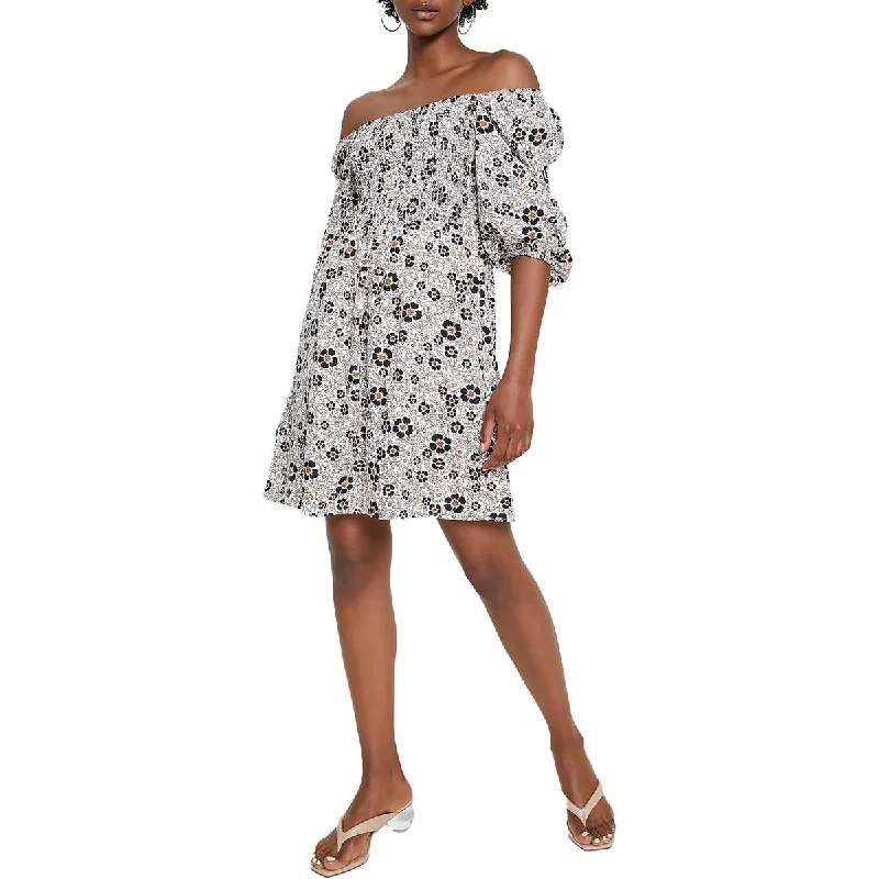 Bar III Womens Floral Print Smocked Fit & Flare Dress