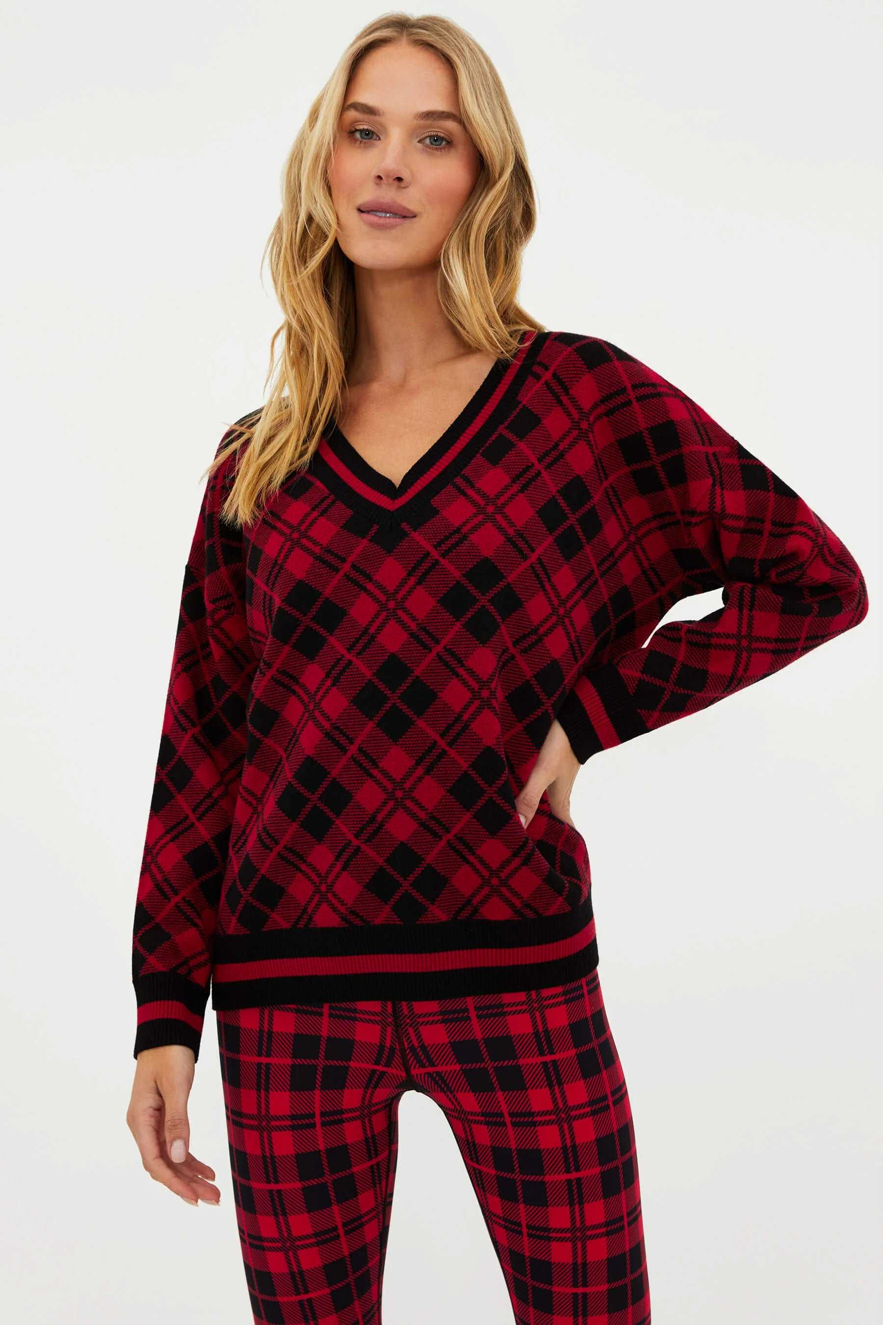 Beach Riot Women's Joey V-Neck Sweater - Merry Plaid Red