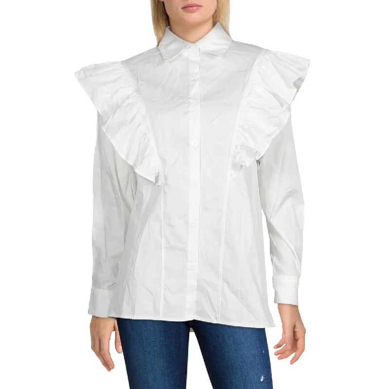 Beulah Womens Juniors Collared Ruffled Button-Down Top