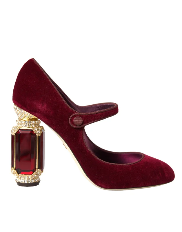 Dolce & Gabbana Red Velvet Gold Crystals Heels Mary Jane Women's Shoes