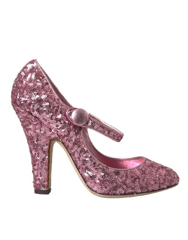 Dolce & Gabbana Pink Sequin Mary Jane Pumps High Heels Women's Shoes