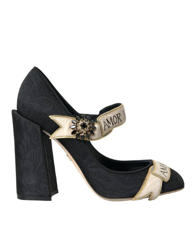 Dolce & Gabbana Black Brocade Mary Janes Crystal Pumps Women's Shoes