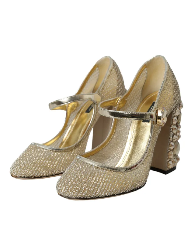 Dolce & Gabbana Gold Mesh Crystal Mary Jane Pumps Heels Women's Shoes