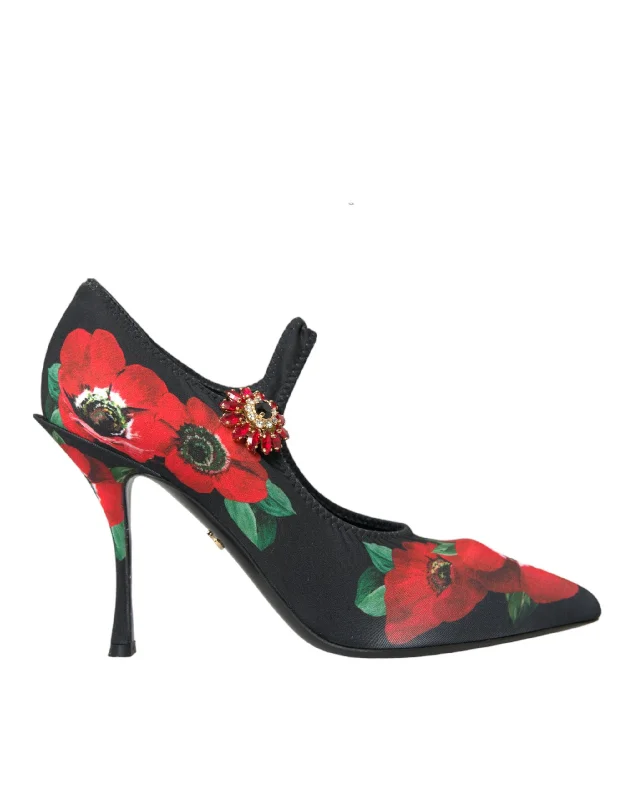 Dolce & Gabbana Black Floral Crystal Mary Jane Pumps Women's Shoes