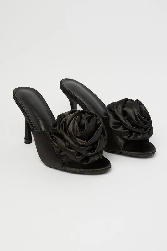 Black Heels Rosette 3D Rose Heeled Mules